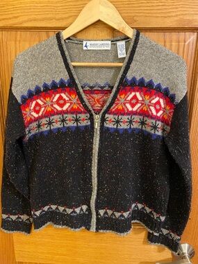 Marsh Landing Black Red Purple Vintage  Wool Zip-Front Fair Isle Cardigan Small
